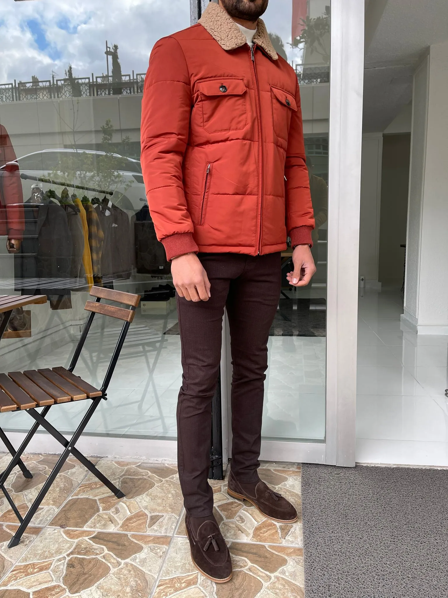 Reese Slim Fit Fur Collared Tile Coat