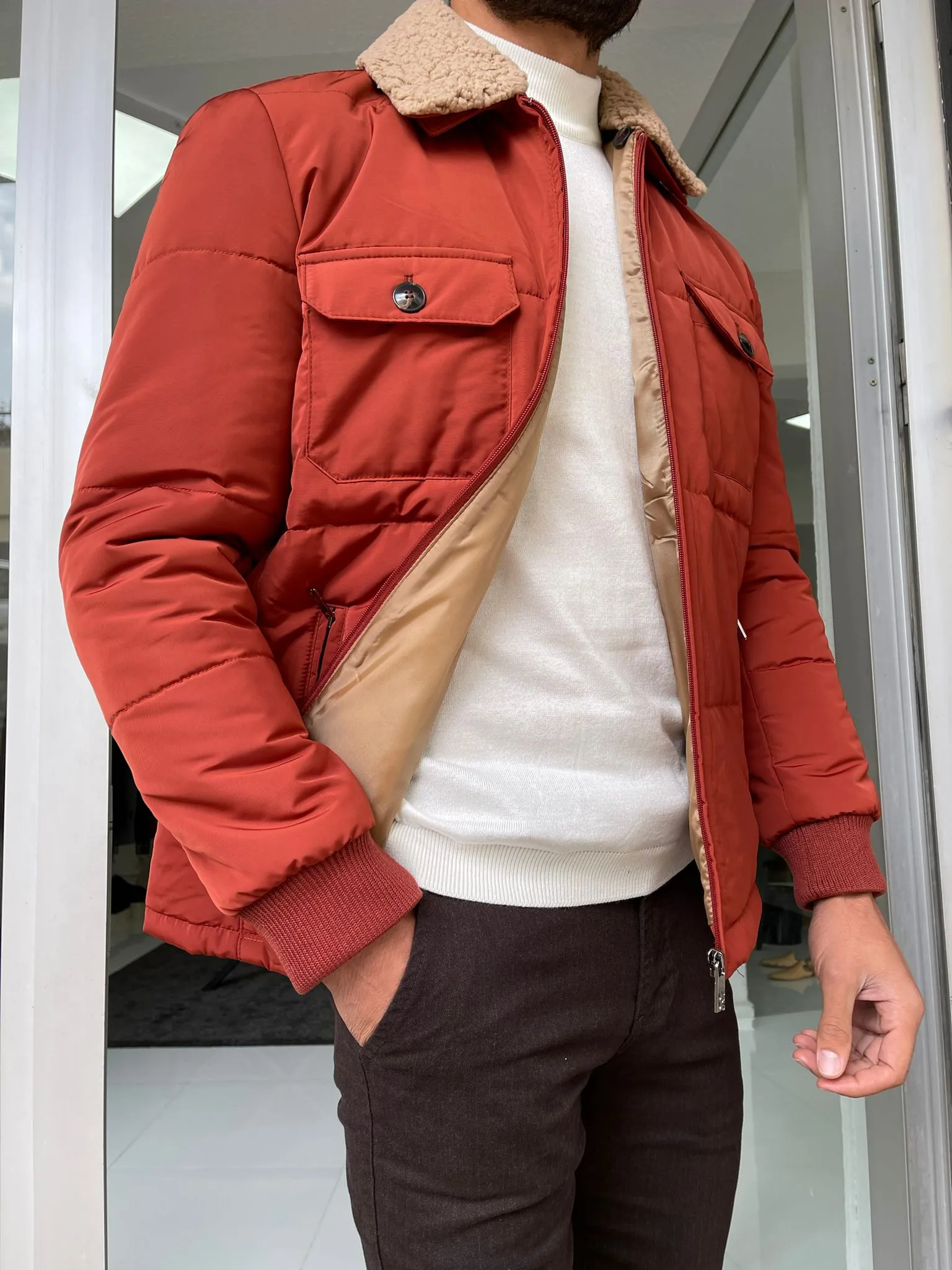 Reese Slim Fit Fur Collared Tile Coat