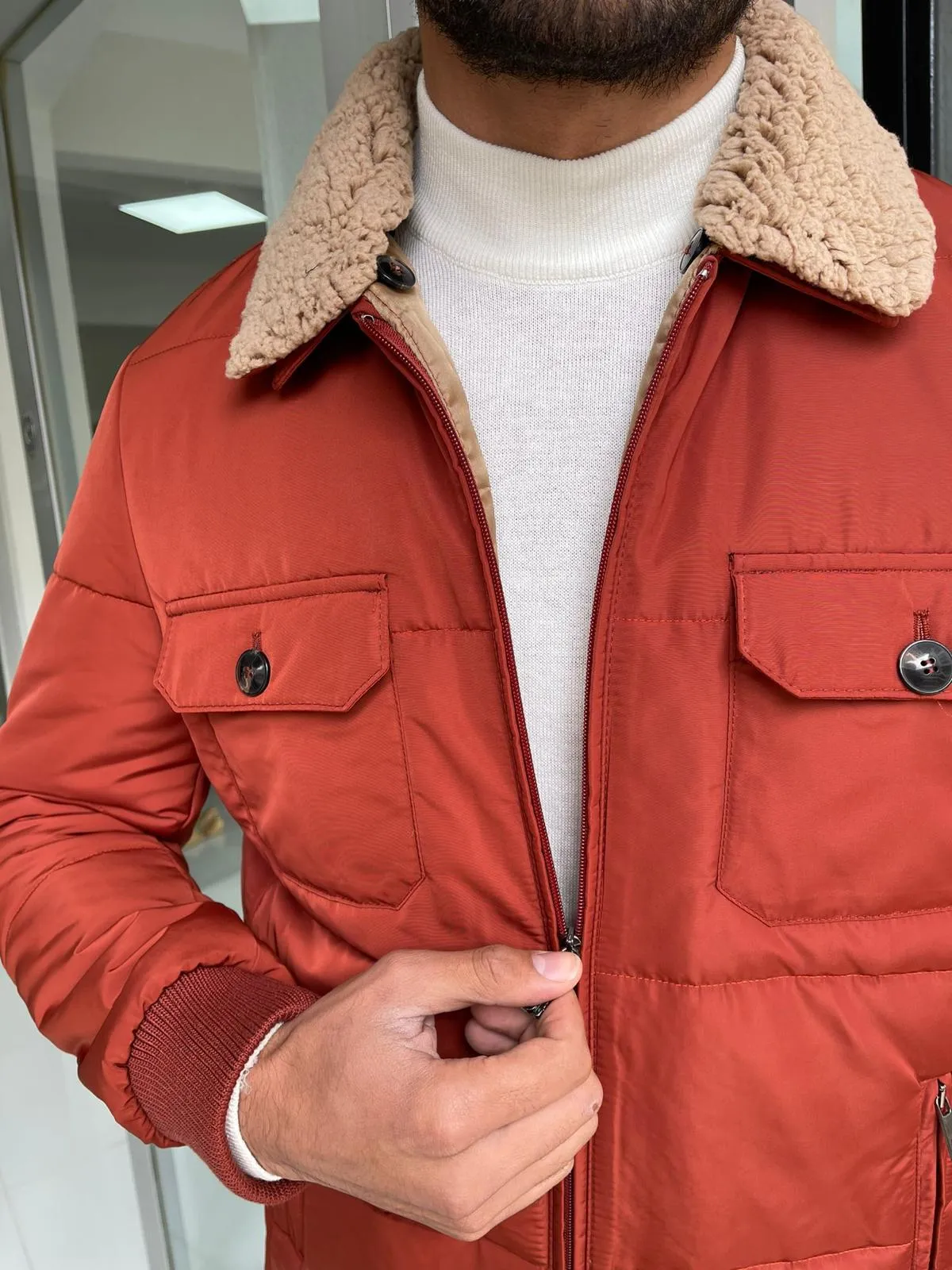 Reese Slim Fit Fur Collared Tile Coat