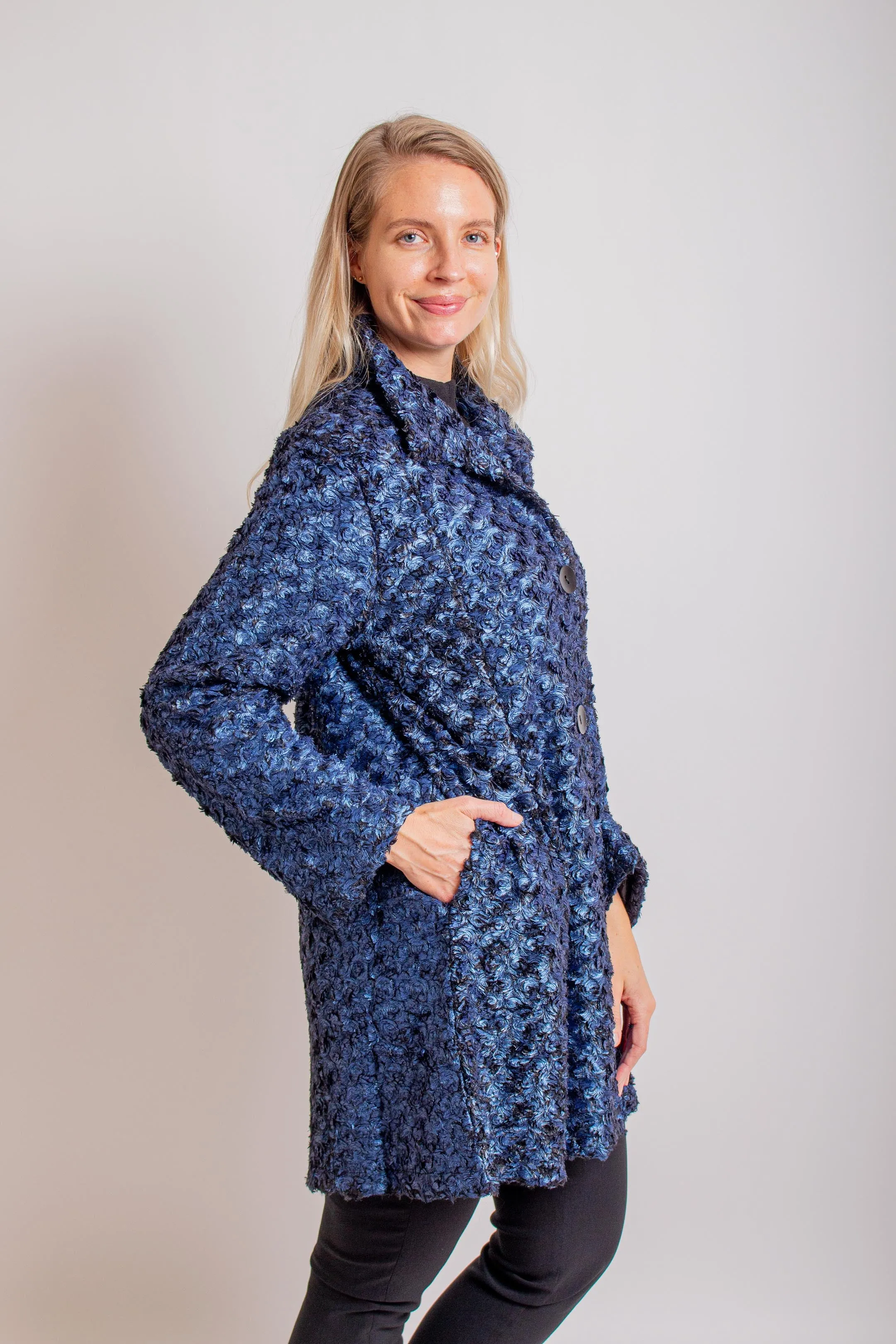 Rosette Swirl Faux Fur Blue Coat