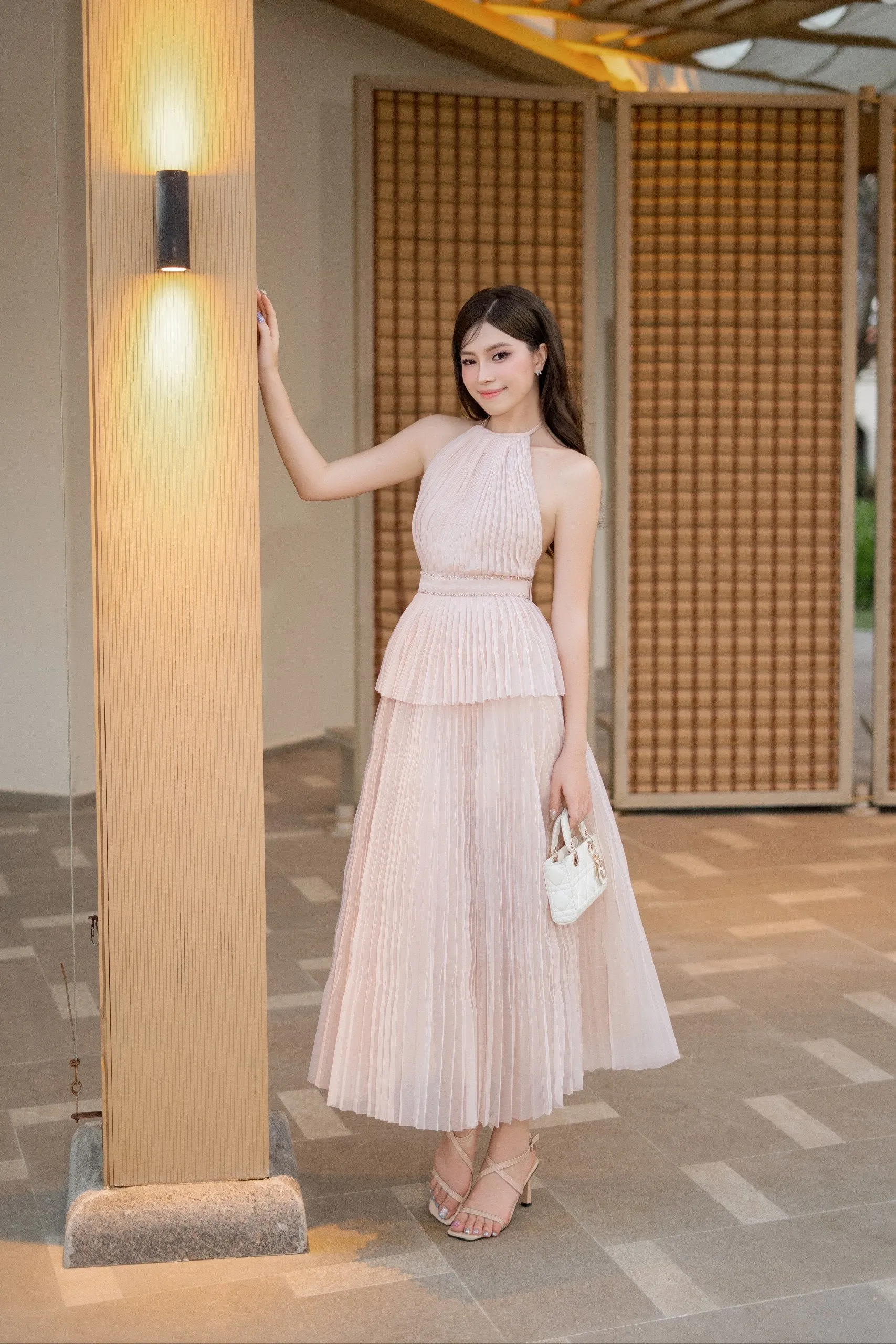 Satomi Set - Halter Pleated Mesh Silk Top & A-line Pleated Mesh Silk Skirt