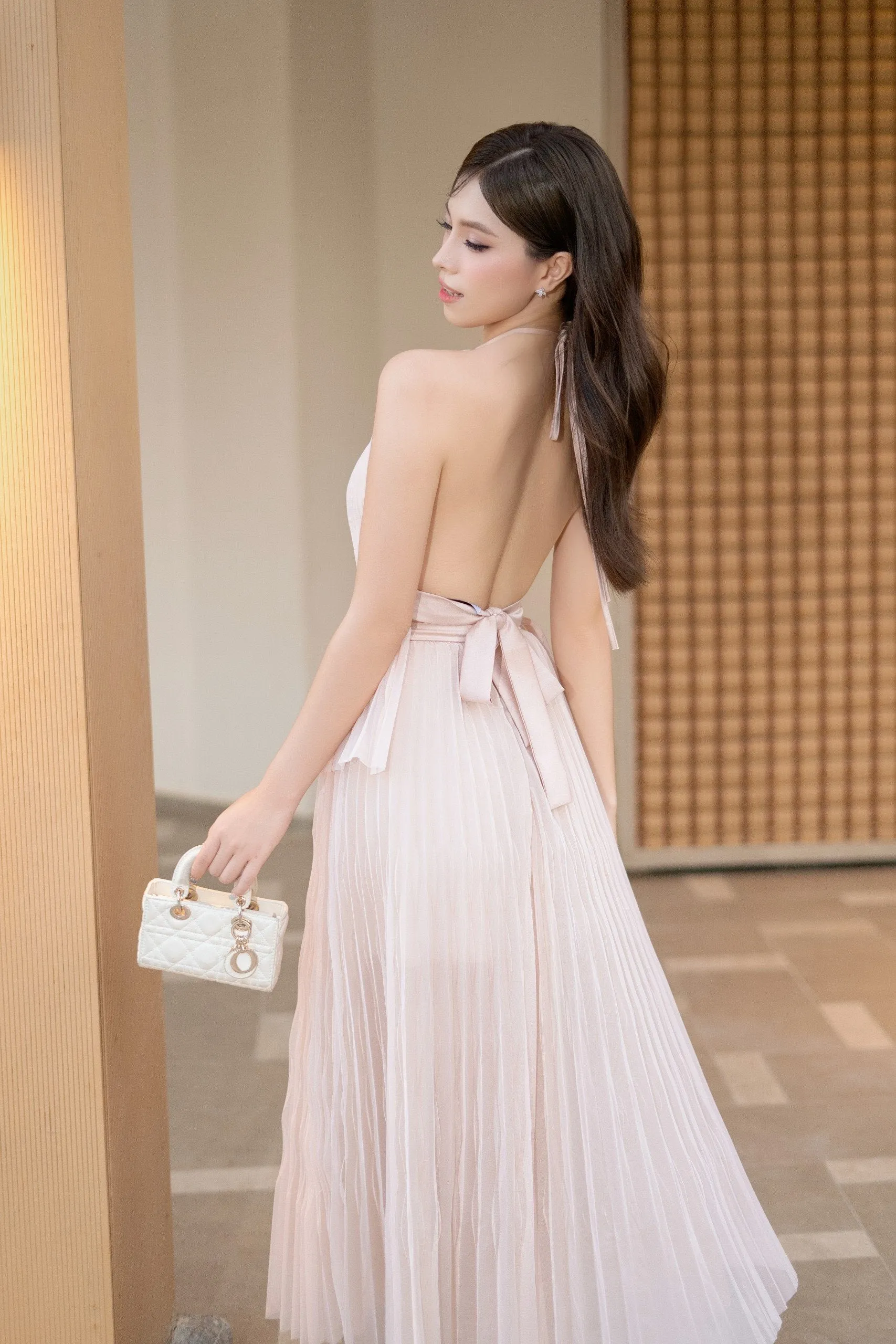 Satomi Set - Halter Pleated Mesh Silk Top & A-line Pleated Mesh Silk Skirt