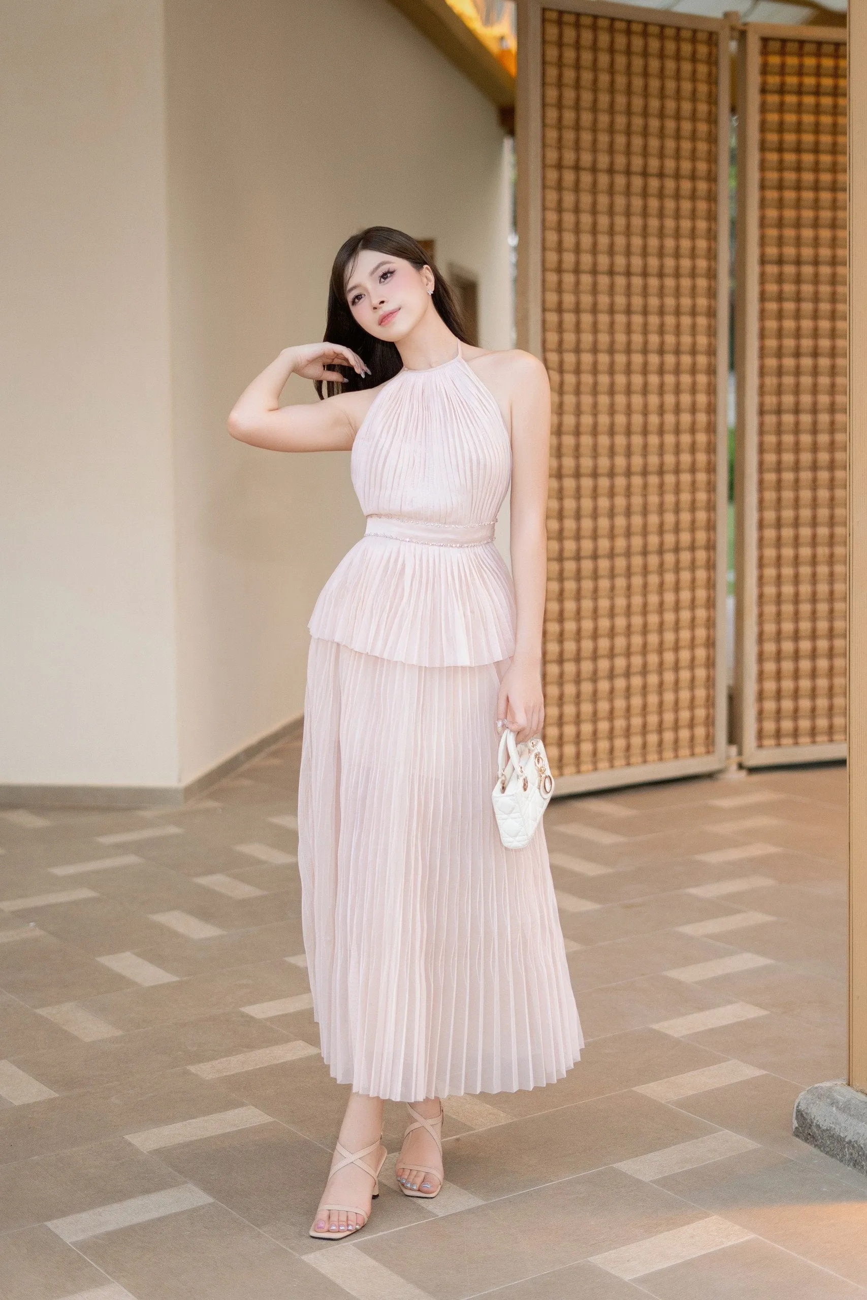 Satomi Set - Halter Pleated Mesh Silk Top & A-line Pleated Mesh Silk Skirt