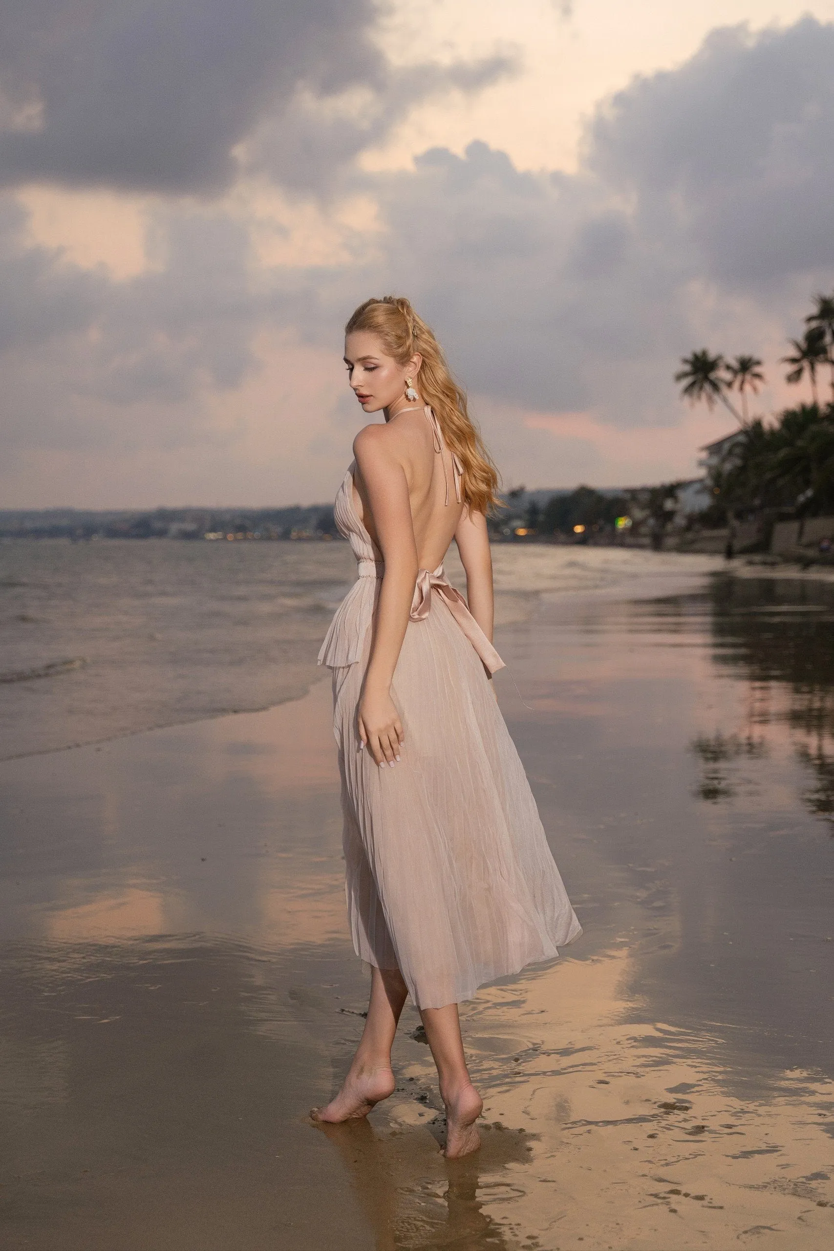 Satomi Set - Halter Pleated Mesh Silk Top & A-line Pleated Mesh Silk Skirt