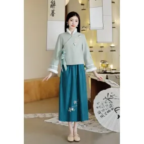 Stand Collar Floral Embroidered Fluffy Trim Tie Front Jacket / High Waist Midi