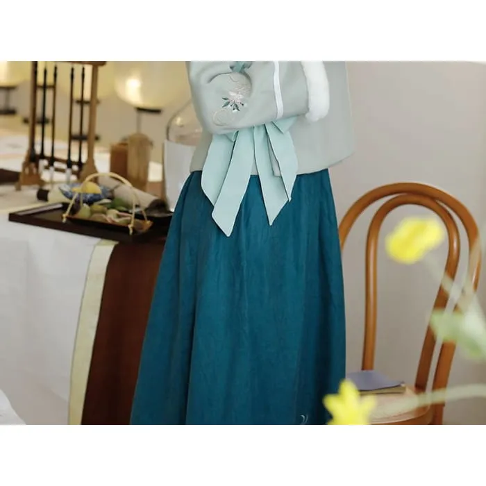 Stand Collar Floral Embroidered Fluffy Trim Tie Front Jacket / High Waist Midi