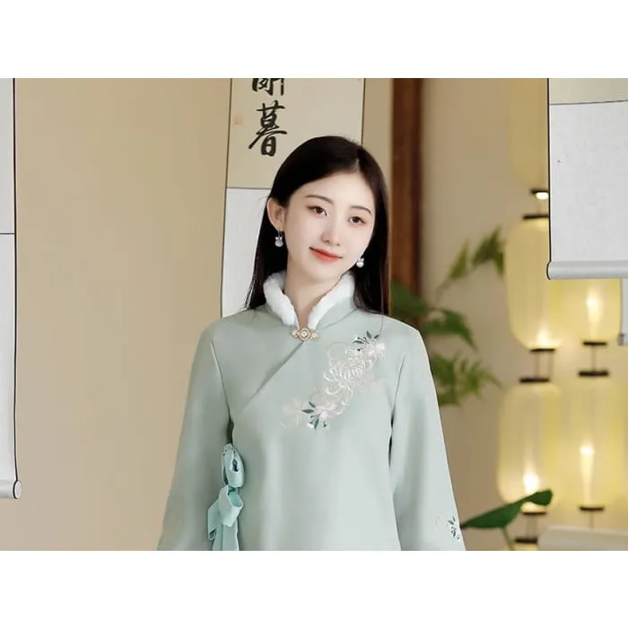 Stand Collar Floral Embroidered Fluffy Trim Tie Front Jacket / High Waist Midi