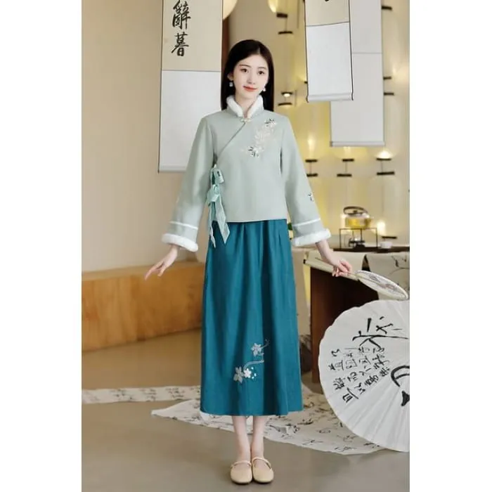 Stand Collar Floral Embroidered Fluffy Trim Tie Front Jacket / High Waist Midi