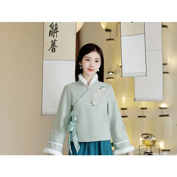Stand Collar Floral Embroidered Fluffy Trim Tie Front Jacket / High Waist Midi