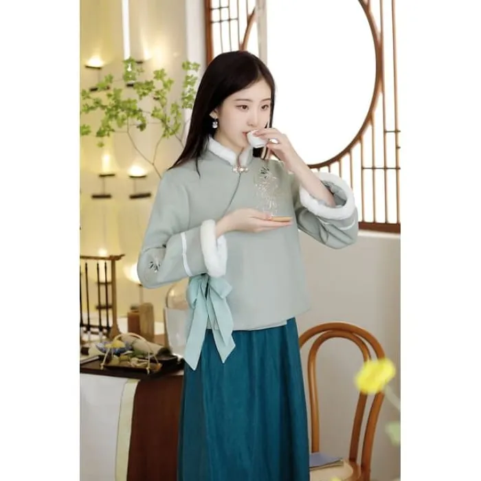 Stand Collar Floral Embroidered Fluffy Trim Tie Front Jacket / High Waist Midi