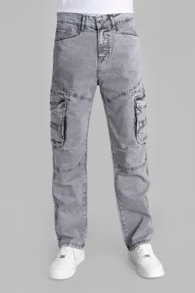 Straight Fit Light Grey Denim Cargo Jeans