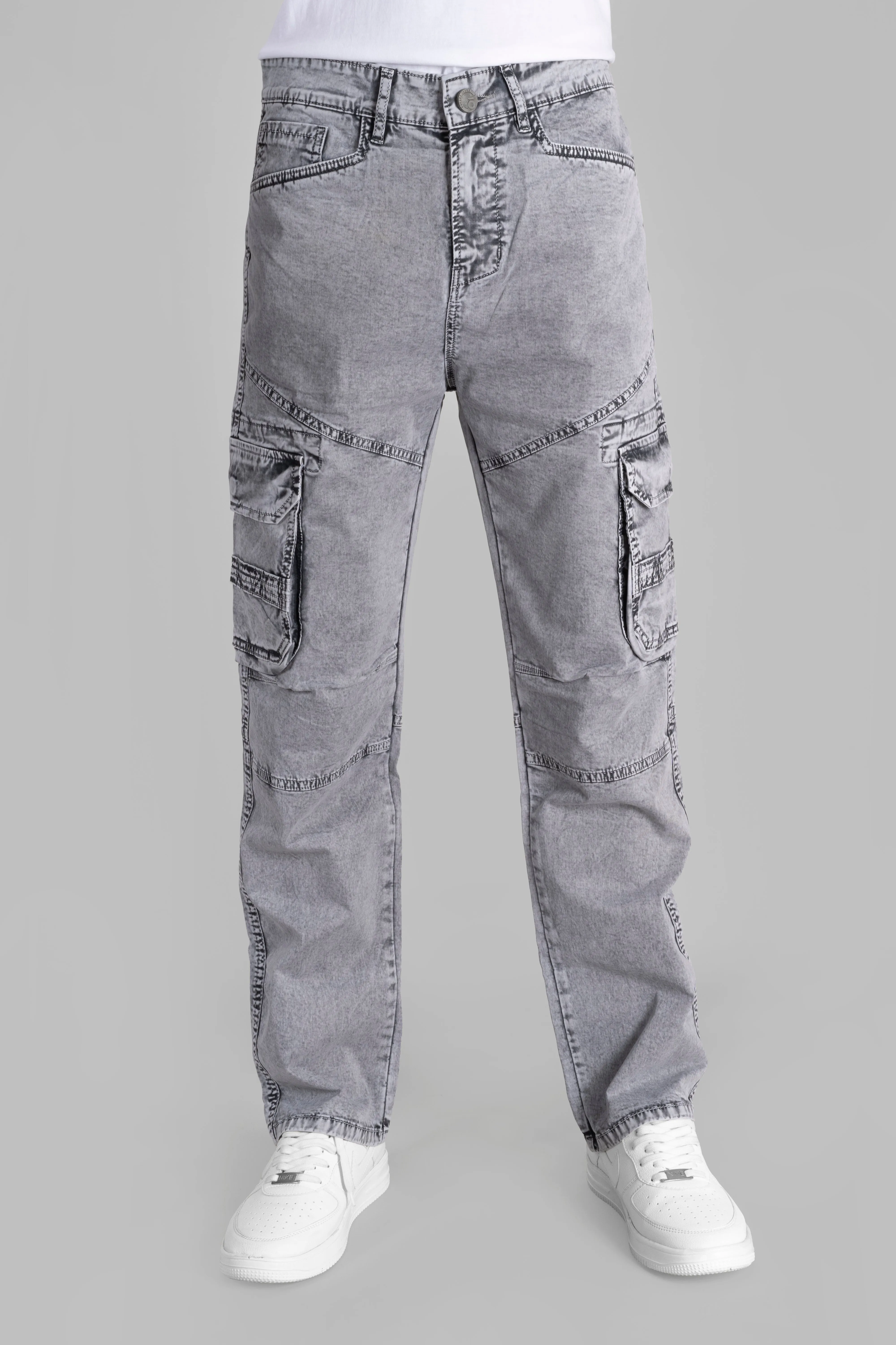 Straight Fit Light Grey Denim Cargo Jeans