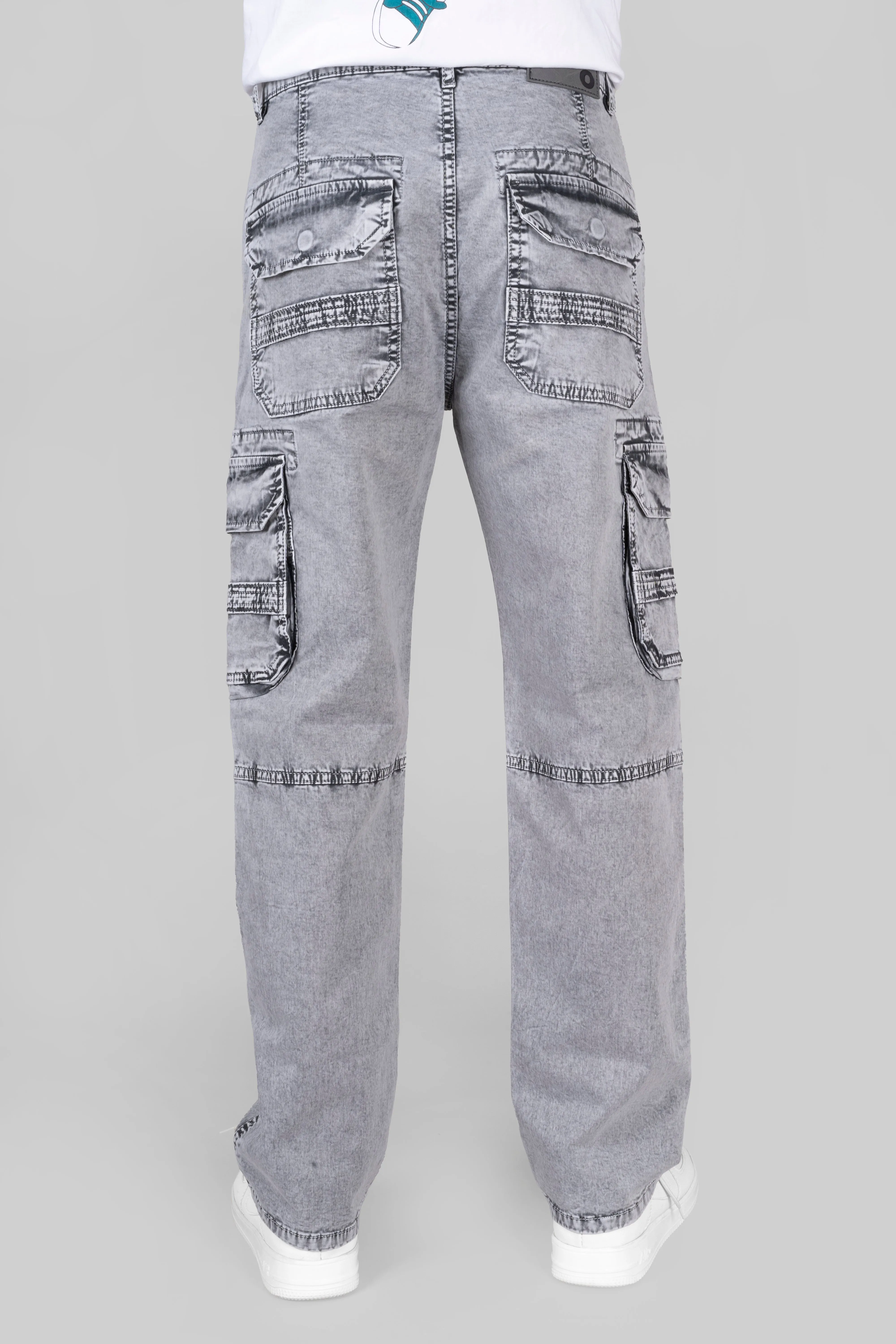 Straight Fit Light Grey Denim Cargo Jeans