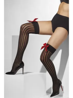 Striped Sheer Hold Ups, Black With Red Bow