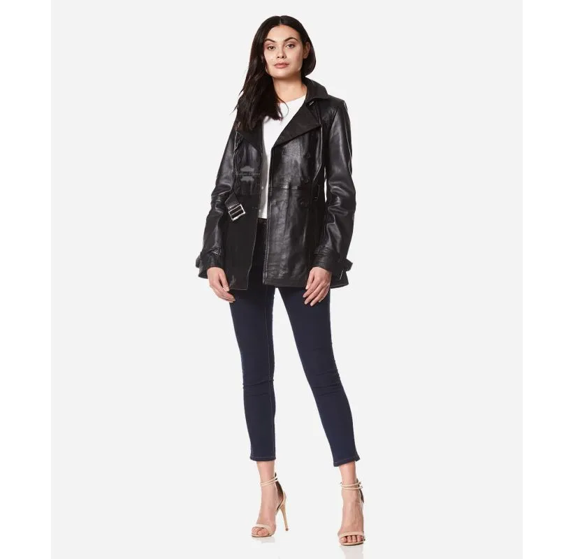 VENICE LADIES Leather TRENCH COAT MID-LENGTH DOUBLE BREASTED LEATHER WOMEN COAT