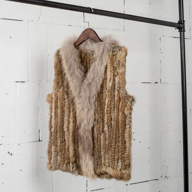 VT7008 Free shipping womens natural real  rabbit fur vest  with raccoon fur collar  waistcoat/jackets rabbit knitted winter