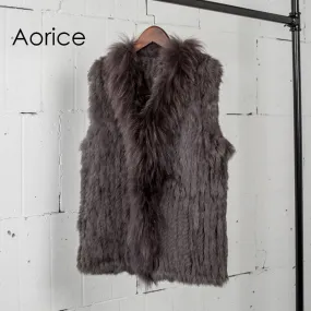 VT7008 Free shipping womens natural real  rabbit fur vest  with raccoon fur collar  waistcoat/jackets rabbit knitted winter