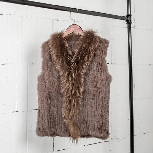 VT7008 Free shipping womens natural real  rabbit fur vest  with raccoon fur collar  waistcoat/jackets rabbit knitted winter