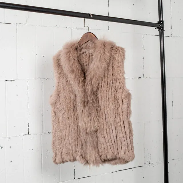 VT7008 Free shipping womens natural real  rabbit fur vest  with raccoon fur collar  waistcoat/jackets rabbit knitted winter