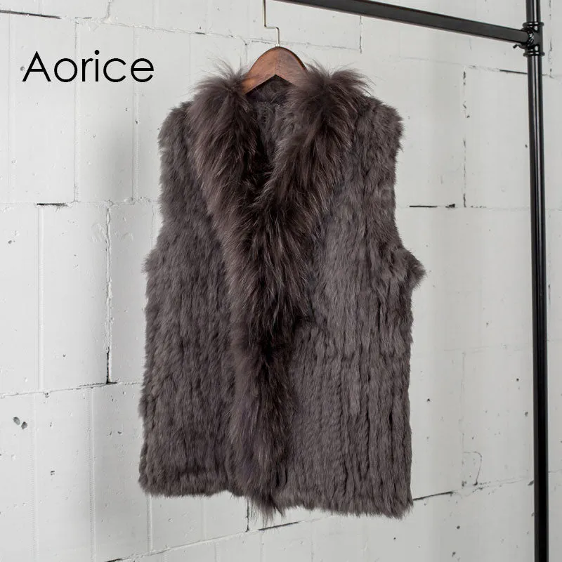 VT7008 Free shipping womens natural real  rabbit fur vest  with raccoon fur collar  waistcoat/jackets rabbit knitted winter