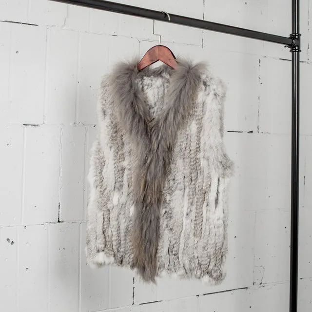 VT7008 Free shipping womens natural real  rabbit fur vest  with raccoon fur collar  waistcoat/jackets rabbit knitted winter