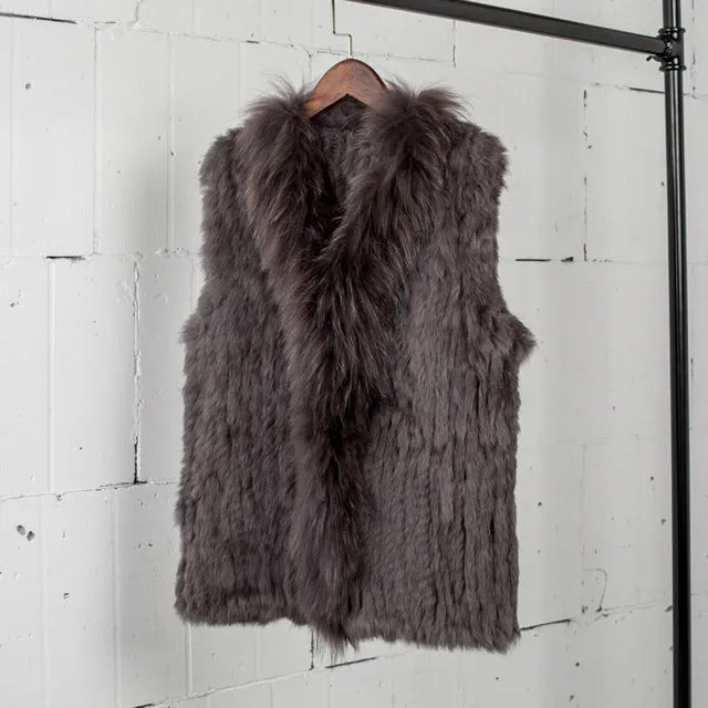 VT7008 Free shipping womens natural real  rabbit fur vest  with raccoon fur collar  waistcoat/jackets rabbit knitted winter