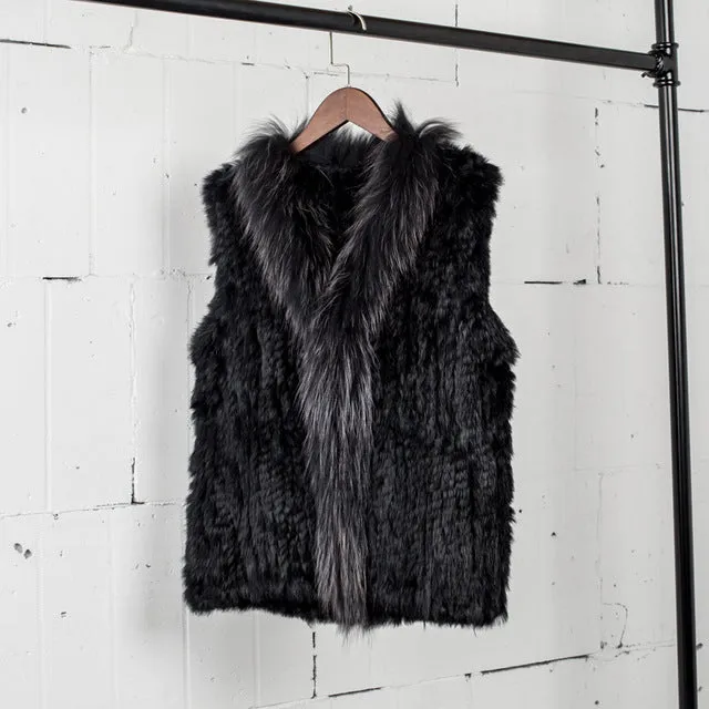 VT7008 Free shipping womens natural real  rabbit fur vest  with raccoon fur collar  waistcoat/jackets rabbit knitted winter
