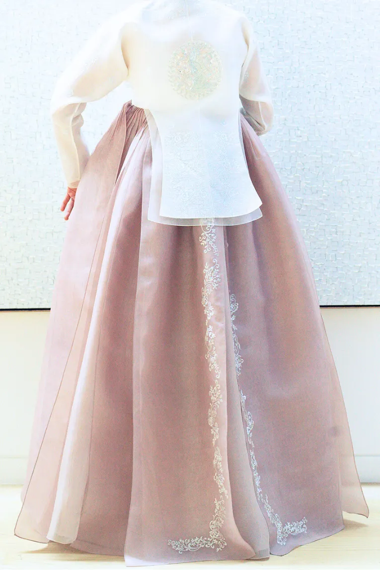 White long sleeved dangui (top) & Double layered panel skirt with embroidery on back