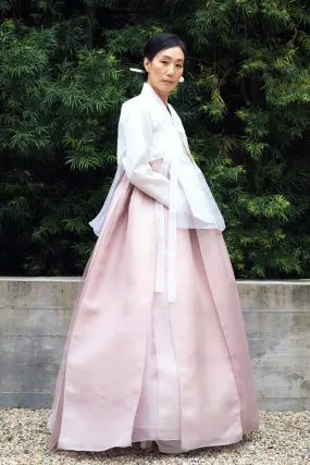 White long sleeved dangui (top) & Double layered panel skirt with embroidery on back