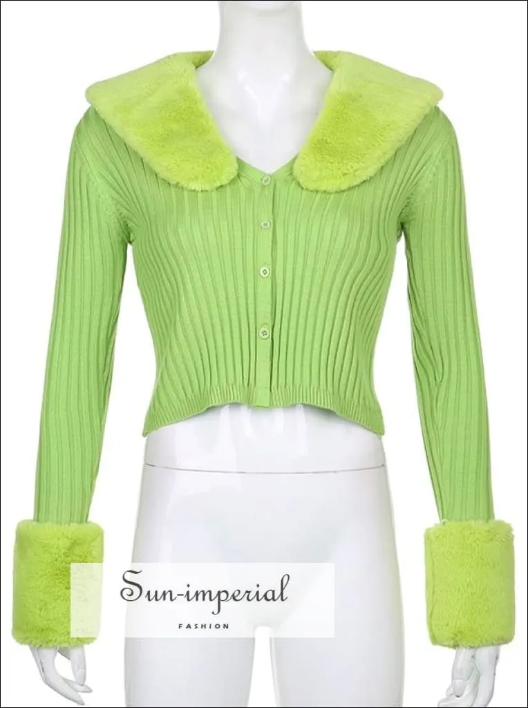 Women Blue Zig Zag  Plush Faux Fur Collar and Cuff Knit Cropped Cardigan