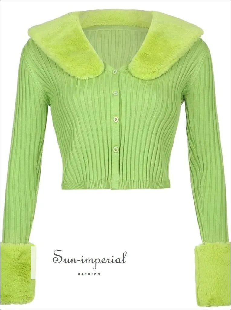 Women Blue Zig Zag  Plush Faux Fur Collar and Cuff Knit Cropped Cardigan