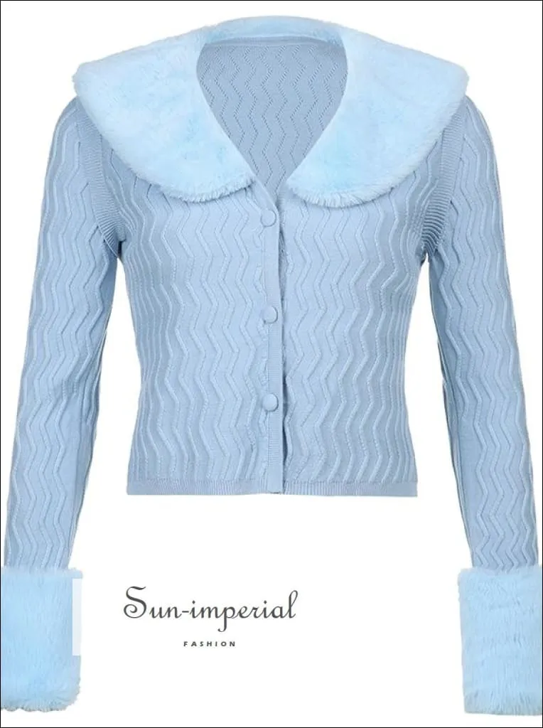 Women Blue Zig Zag  Plush Faux Fur Collar and Cuff Knit Cropped Cardigan