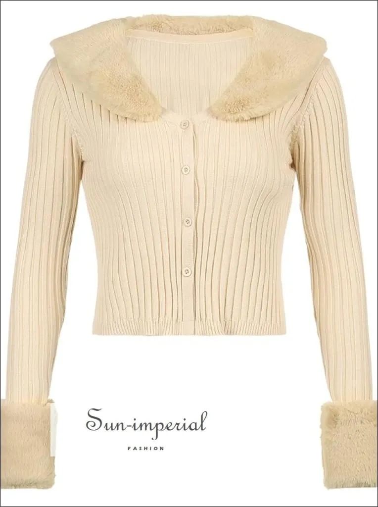 Women Blue Zig Zag  Plush Faux Fur Collar and Cuff Knit Cropped Cardigan
