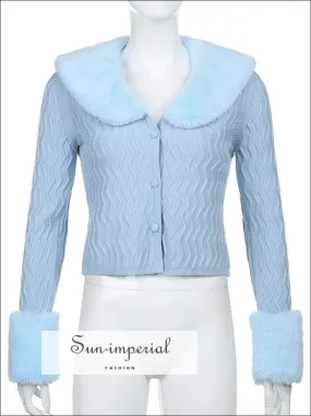 Women Blue Zig Zag  Plush Faux Fur Collar and Cuff Knit Cropped Cardigan