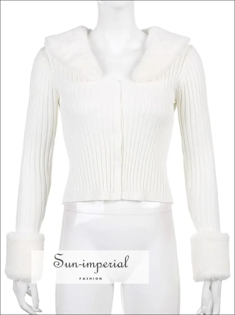 Women Blue Zig Zag  Plush Faux Fur Collar and Cuff Knit Cropped Cardigan