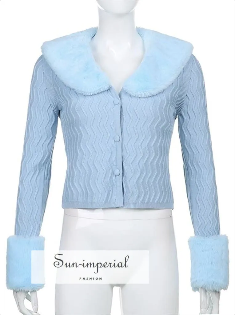 Women Blue Zig Zag  Plush Faux Fur Collar and Cuff Knit Cropped Cardigan