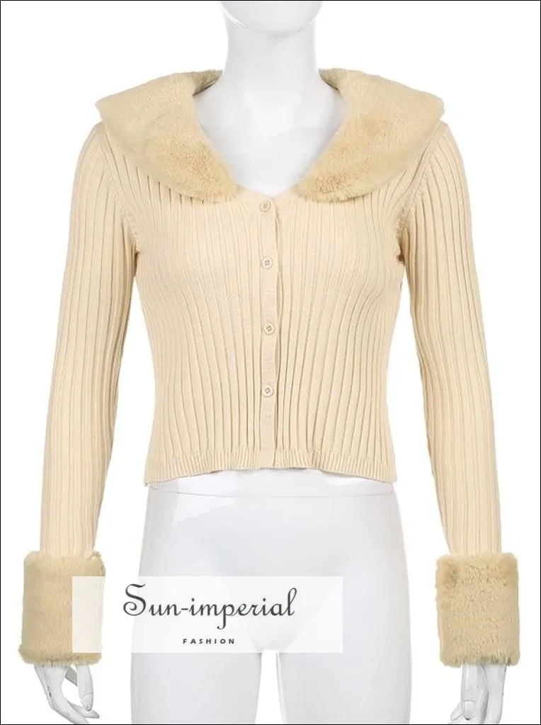 Women Blue Zig Zag  Plush Faux Fur Collar and Cuff Knit Cropped Cardigan