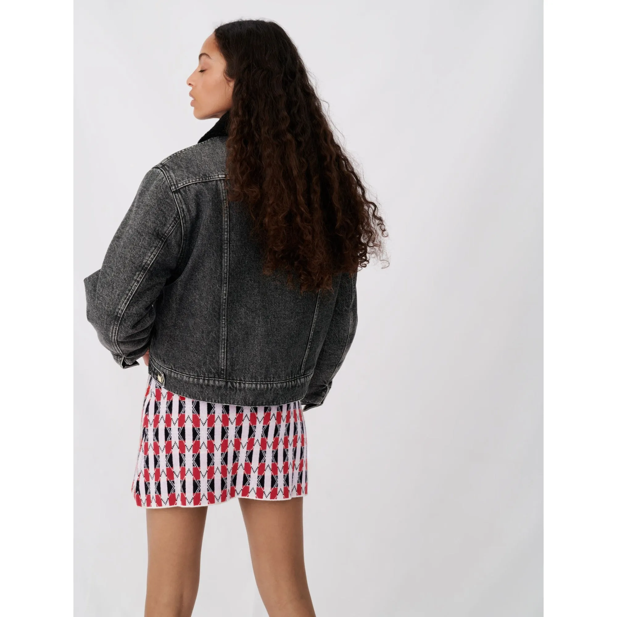 Women Denim And Fur-Effect Jacket - Anthracite Grey