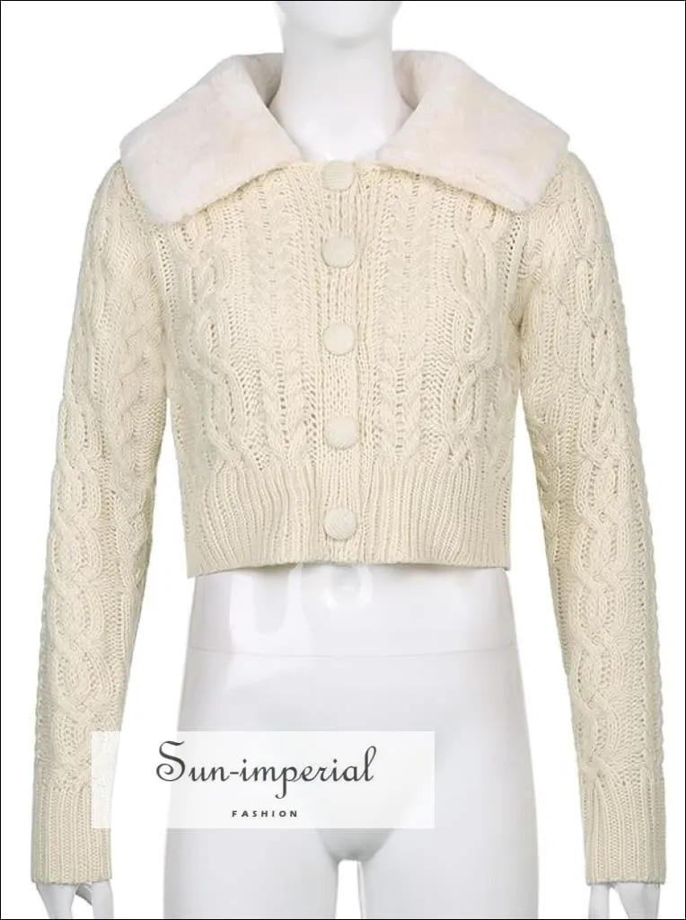 Women Pink Plush Faux Fur Collar and Cuff Knit Cropped Cardigan