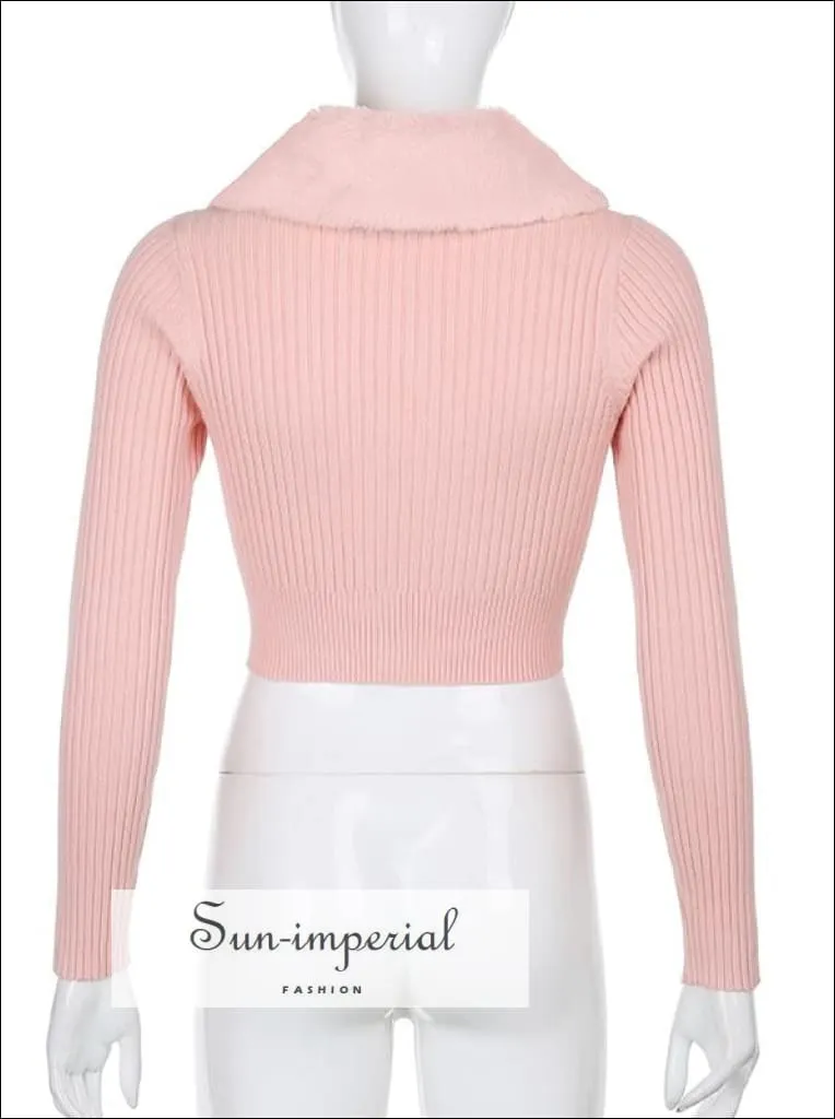 Women Pink Plush Faux Fur Collar and Cuff Knit Cropped Cardigan
