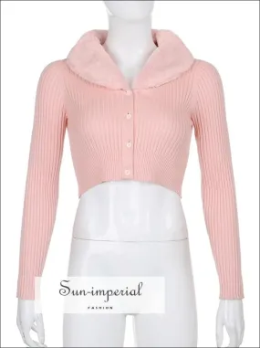 Women Pink Plush Faux Fur Collar and Cuff Knit Cropped Cardigan