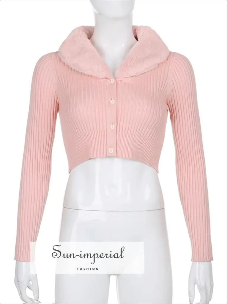 Women Pink Plush Faux Fur Collar and Cuff Knit Cropped Cardigan