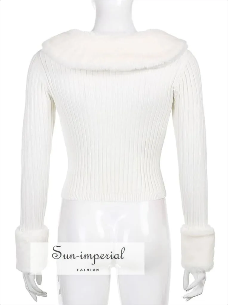 Women Pink Plush Faux Fur Collar and Cuff Knit Cropped Cardigan