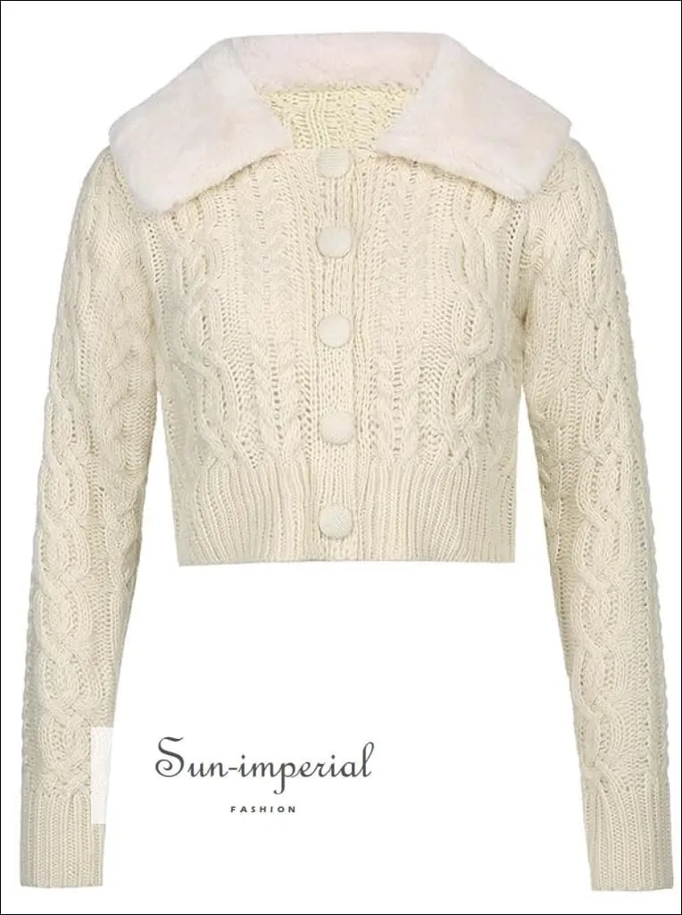 Women Pink Plush Faux Fur Collar and Cuff Knit Cropped Cardigan