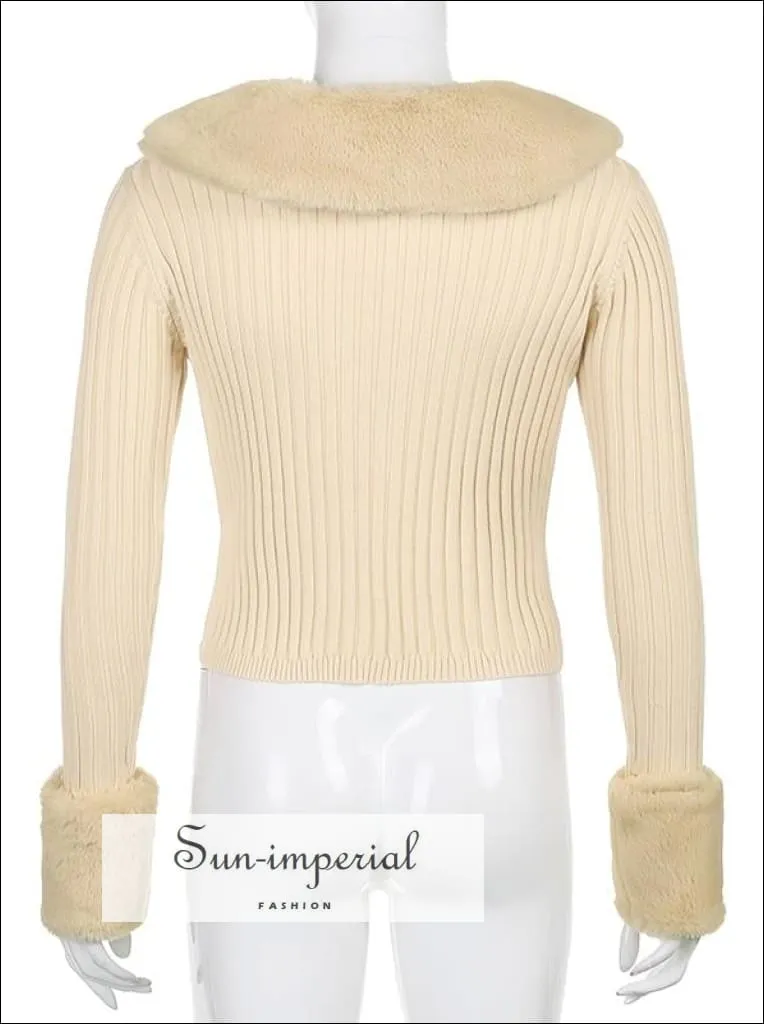 Women Pink Plush Faux Fur Collar and Cuff Knit Cropped Cardigan