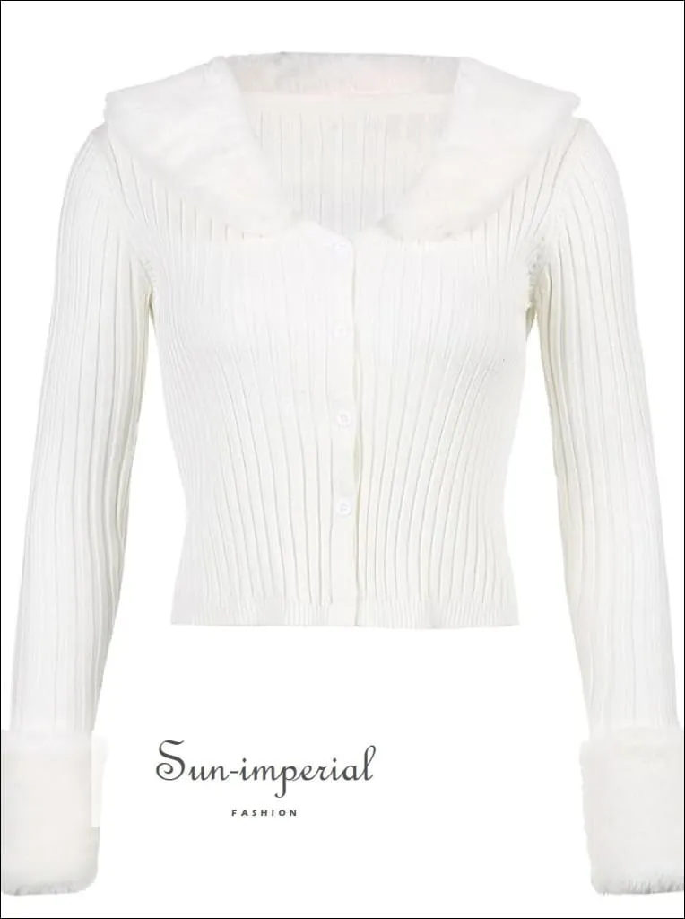 Women Pink Plush Faux Fur Collar and Cuff Knit Cropped Cardigan