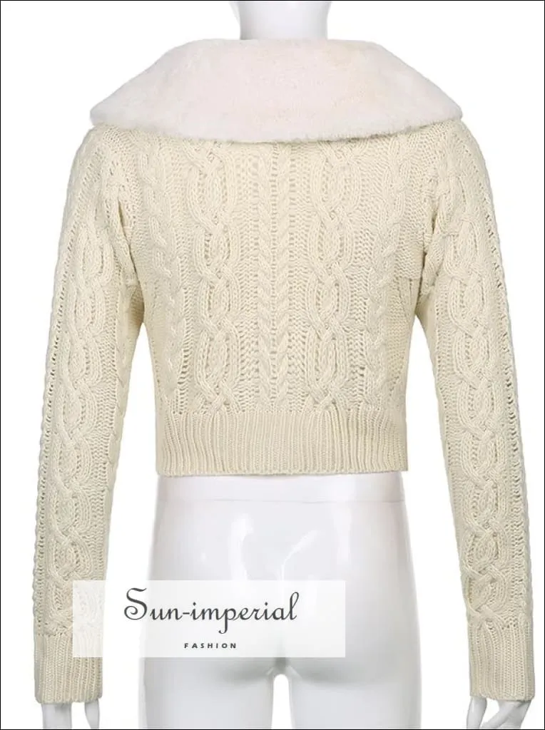 Women Pink Plush Faux Fur Collar and Cuff Knit Cropped Cardigan