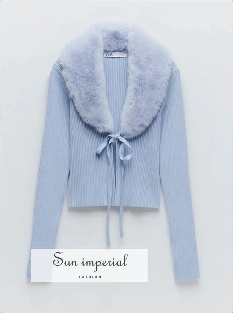 Women Pink Plush Faux Fur Collar and Cuff Knit Cropped Cardigan