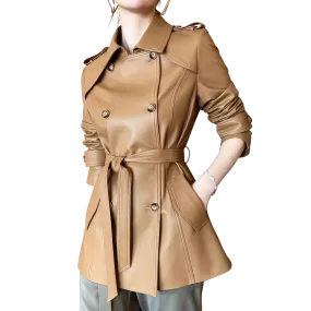 Women’s Coffee Brown Genuine Sheepskin Lapel Collar Business Fashion Double Breasted Belted Leather Trench Coat