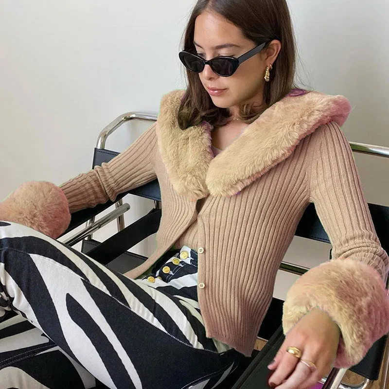 Women's Sexy Knitted Jacket With Fur Collar